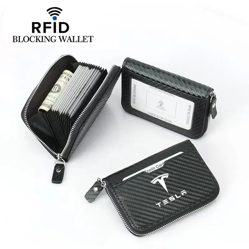 테슬라용 탄소 섬유 ID 카드 신용카드 홀더 카드 가방, RFID 방지 다기능 카드 지갑